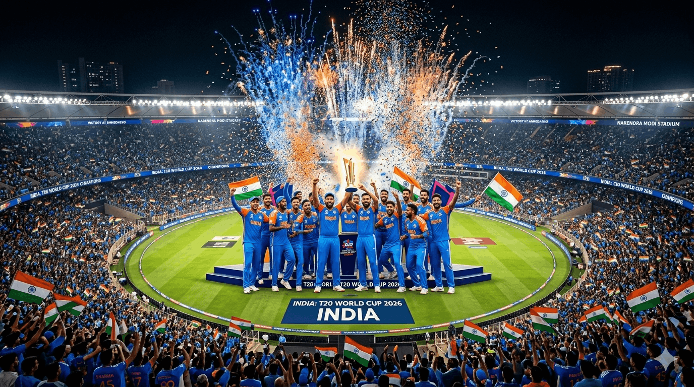 India T20 World Cup 2026 winners celebrating at Narendra Modi Stadium Ahmedabad with trophy